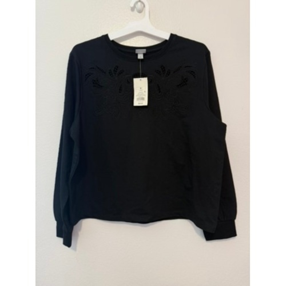 A New Day Womens Black Eyelet Embroidered Long Sleeve Sweatshirt Crew Neck M NWT